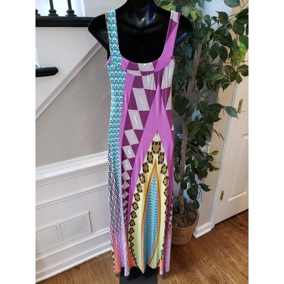 Luz & Sombra Long Maxi Dress Women Medium Multi Geo Print Wide Strap Square Neck - Picture 4 of 11